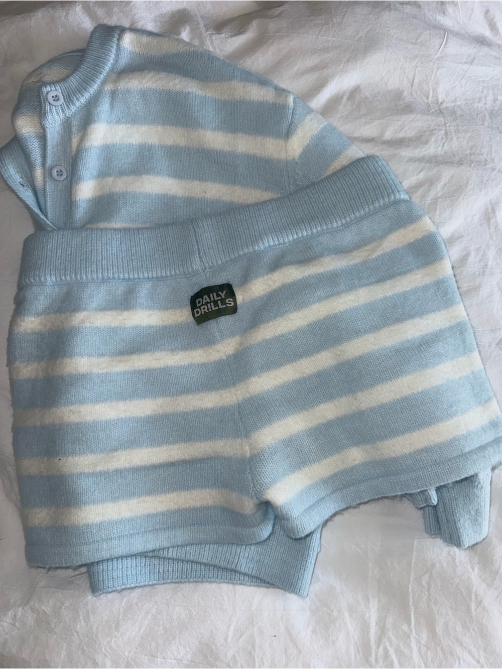 Daily Drills Baby Blue & White Striped Knit Shorts - S top M bottom Cashmere